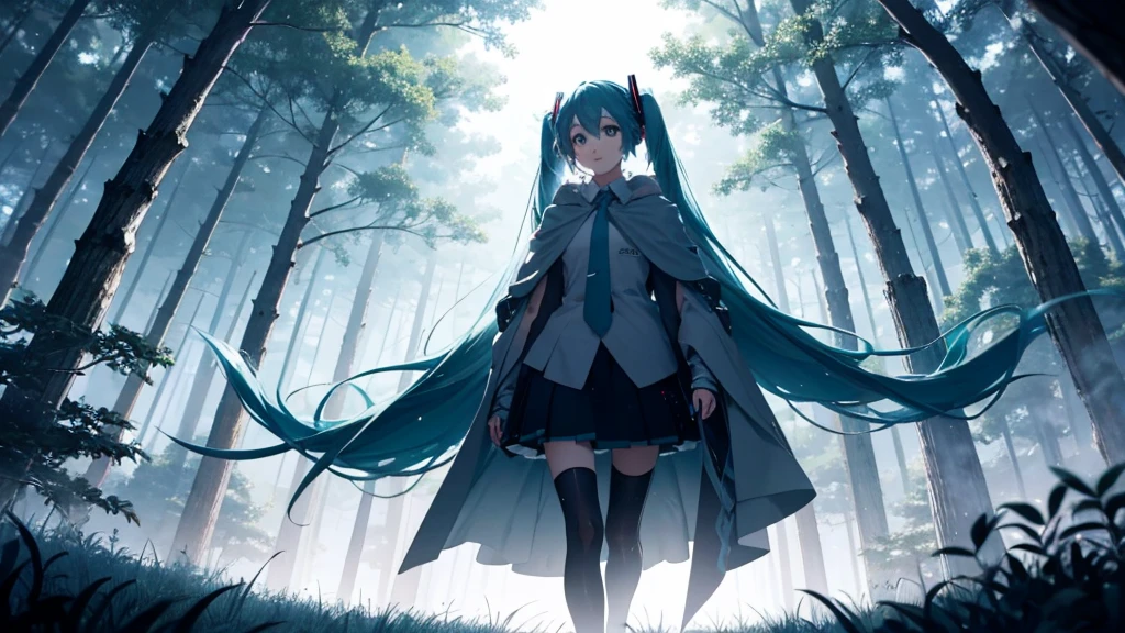 Set against the backdrop of an adventurous fantasy world、This is an image of Hatsune Miku walking through a dark forest.。She wears a mysterious cloak、In his hand he holds a glowing wand。The surroundings are shrouded in fog、In the distance you can see the silhouette of an ancient castle。The sky is a starry night、The moon casts a magical light over the forest.。