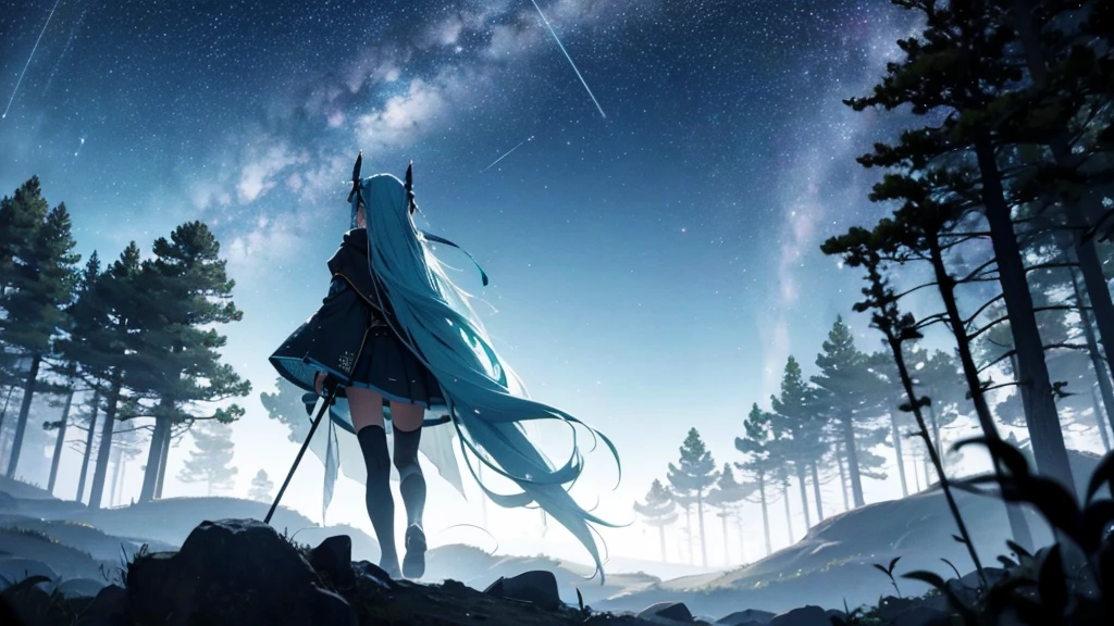 Set against the backdrop of an adventurous fantasy world、This is an image of Hatsune Miku walking through a dark forest.。She wears a mysterious cloak、In his hand he holds a glowing wand。The surroundings are shrouded in fog、In the distance you can see the silhouette of an ancient castle。The sky is a starry night、The moon casts a magical light over the forest.。