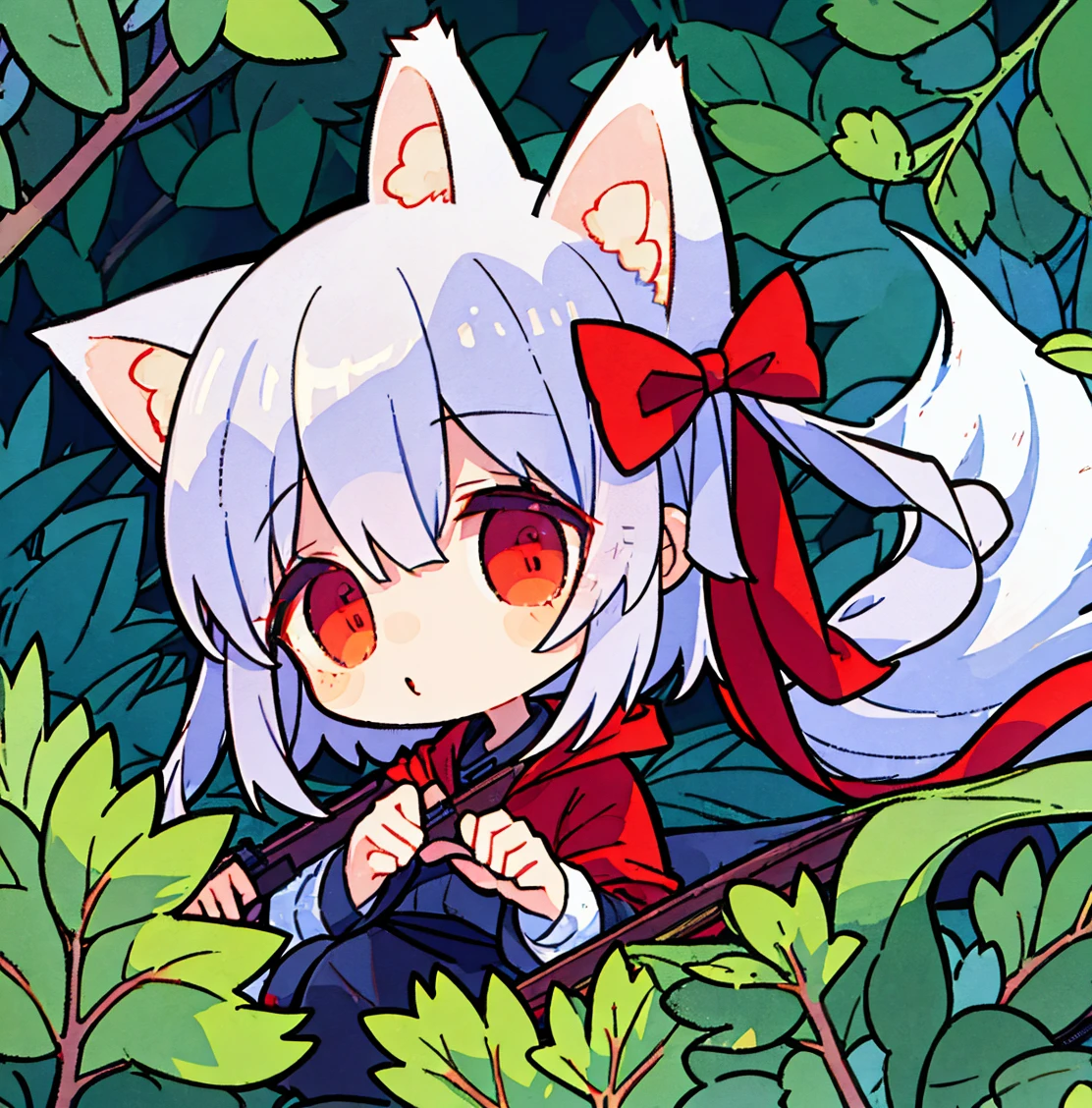 tegaki chibi girl Solo red hood girl wolf ears in the forest gothic lolita from side holding rifle