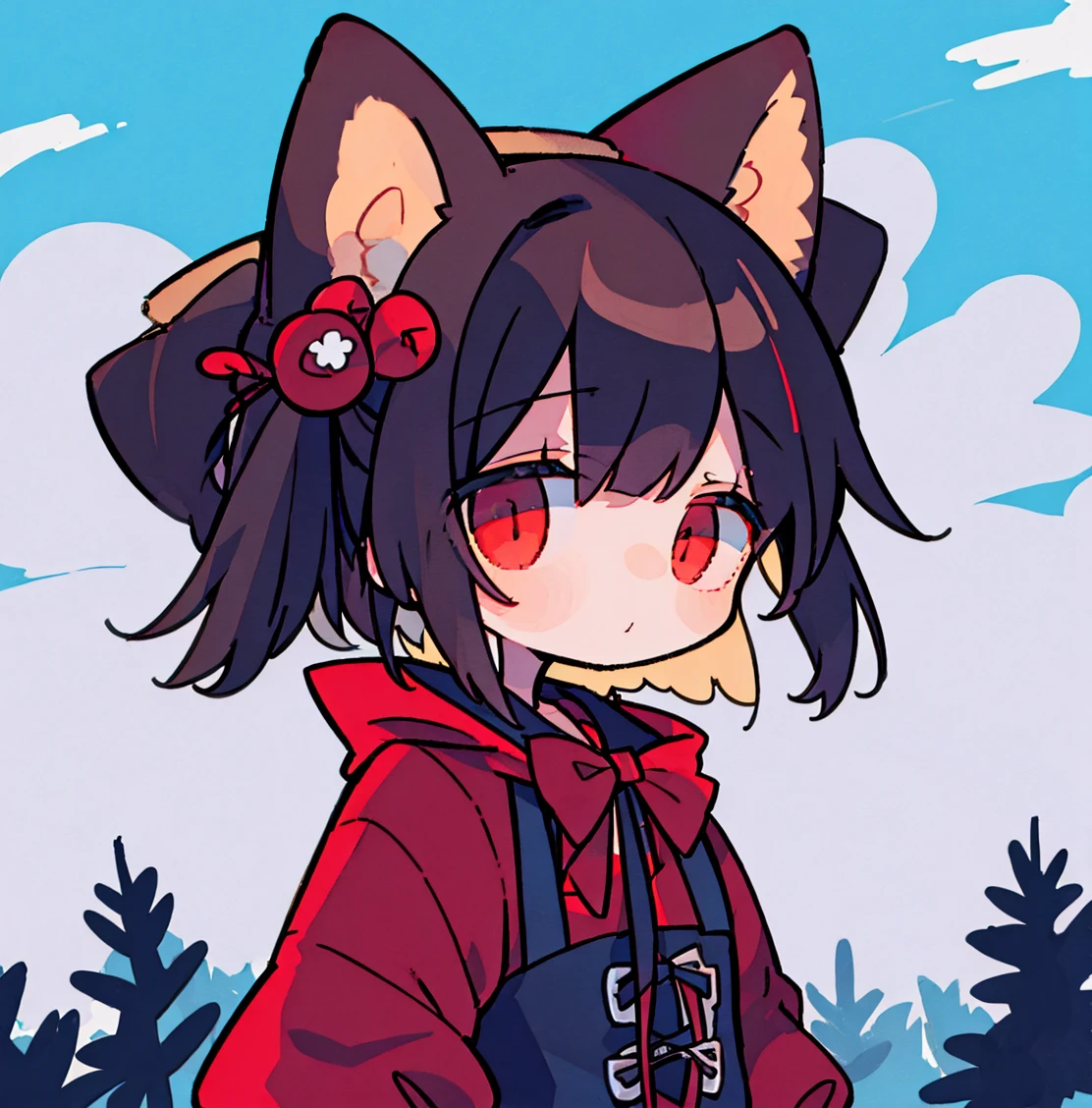 tegaki chibi girl Solo red hood girl wolf ears in the forest gothic lolita from side holding rifle