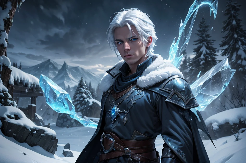 A young and handsome man, mage, white hair, blue eyes, adventurer, in a snowy place, alchemist's clothes, (best quality,4k,8k,highres,masterpiece:1.2),ultra-detailed,(realistic,photorealistic,photo-realistic:1.37),detailed face, beautiful detailed eyes, beautiful detailed lips, extremely detailed eyes and face, long eyelashes, full body, fantasy, magical, cold atmosphere, icy landscape, snow, winter, alchemy, mystical, cinematic lighting, dramatic lighting, moody lighting, vibrant colors, ethereal