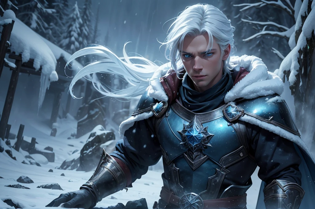 A young and handsome man, mage, white hair, blue eyes, adventurer, in a snowy place, alchemist's clothes, (best quality,4k,8k,highres,masterpiece:1.2),ultra-detailed,(realistic,photorealistic,photo-realistic:1.37),detailed face, beautiful detailed eyes, beautiful detailed lips, extremely detailed eyes and face, long eyelashes, full body, fantasy, magical, cold atmosphere, icy landscape, snow, winter, alchemy, mystical, cinematic lighting, dramatic lighting, moody lighting, vibrant colors, ethereal
