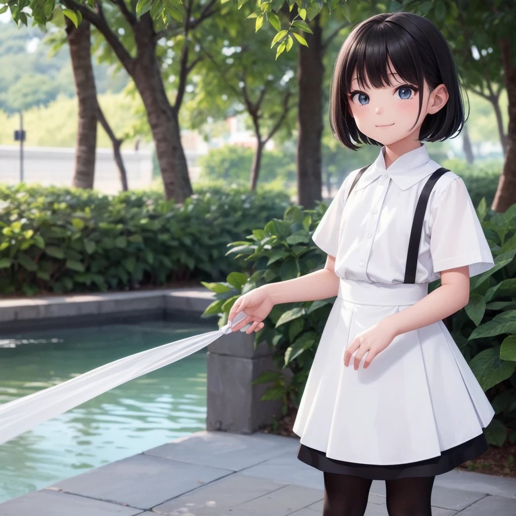 1People Girls, clear, cute, (View your viewers:1.0), detaileds sky, ((masterpiece:1.4, Highest quality)), multiple detaileds, eye shadow, SFW, (Medium Shot:1.5), Gradient eyes,
roller:addition_detailed:0.8>, (Black Pantyhose:1.2), Straight,
1People Girls, Have, Branch Eyes, short hair, Black Hair, White shirt, Semi-transparent knee-length skirt,Long skirt below knee length, Murasa Minamitsu, hishaku、smile