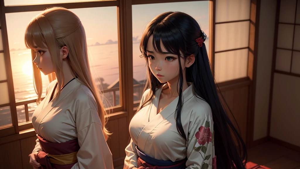 An anime or movie-style scene featuring a beautiful woman with long hair and a large chest, wearing a yukata, gazing out of a window at the sunset. The room is a traditional Japanese tatami room, creating a serene and peaceful atmosphere. The image should be high-quality and ultra-detailed, with a larger view of the outside through the window, in a 16:9 aspect ratio.