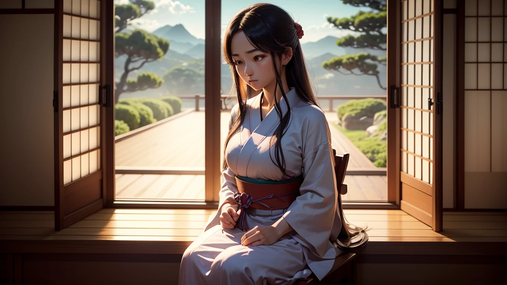 An anime or movie-style scene featuring a beautiful woman with long hair and a large chest, wearing a yukata, gazing out of a window at the sunset. The room is a traditional Japanese tatami room, creating a serene and peaceful atmosphere. The image should be high-quality and ultra-detailed, with a larger view of the outside through the window, in a 16:9 aspect ratio.