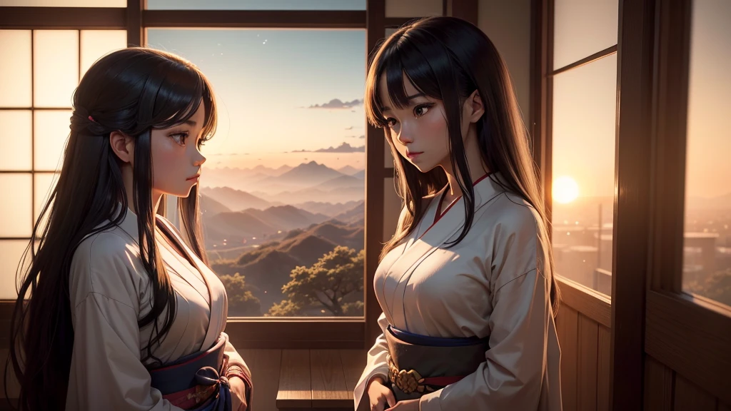 An anime or movie-style scene featuring a beautiful woman with long hair and a large chest, wearing a yukata, gazing out of a window at the sunset. The room is a traditional Japanese tatami room, creating a serene and peaceful atmosphere. The image should be high-quality and ultra-detailed, with a larger view of the outside through the window, in a 16:9 aspect ratio.