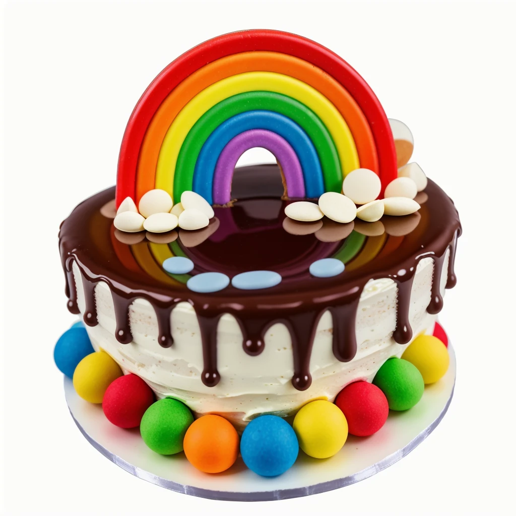 on a wooden table, on a white porcelain plate, a tiny cake, the walls of the cake are made of multi-colored chocolate bars, on top are multi-colored cream stripes, multi-colored candies in the form of balls, bright lights, soft light, window light, professional lighting, light from the window, neat light, realistic texture, realistic style, detailed texture, high quality, high resolution, high quality rendering, realistic photo, brightning light, macro photo
