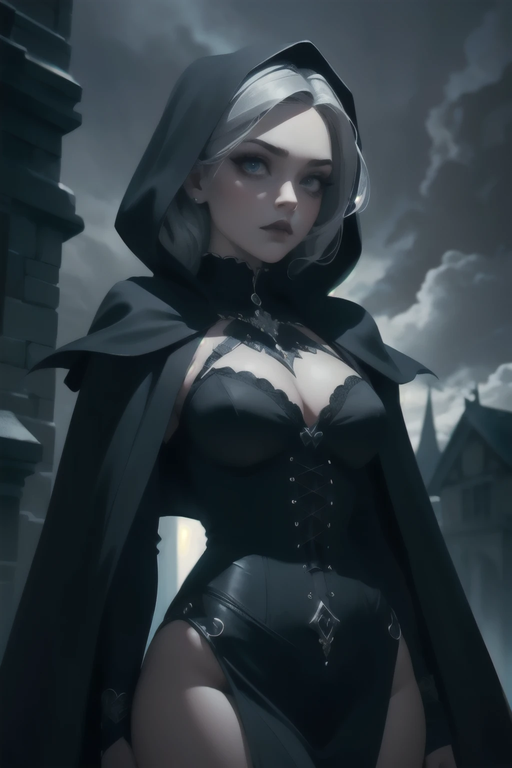 masterpiece, perfect lighting, bloom, cinematic lighting, perfect skin, 1girl, looking at viewer, medium shot, ((gothic)), curvy figure, mesmerizing, dramatic smokey eye makeup, velvet cloak, silver ornaments, mysterious world atmosphere