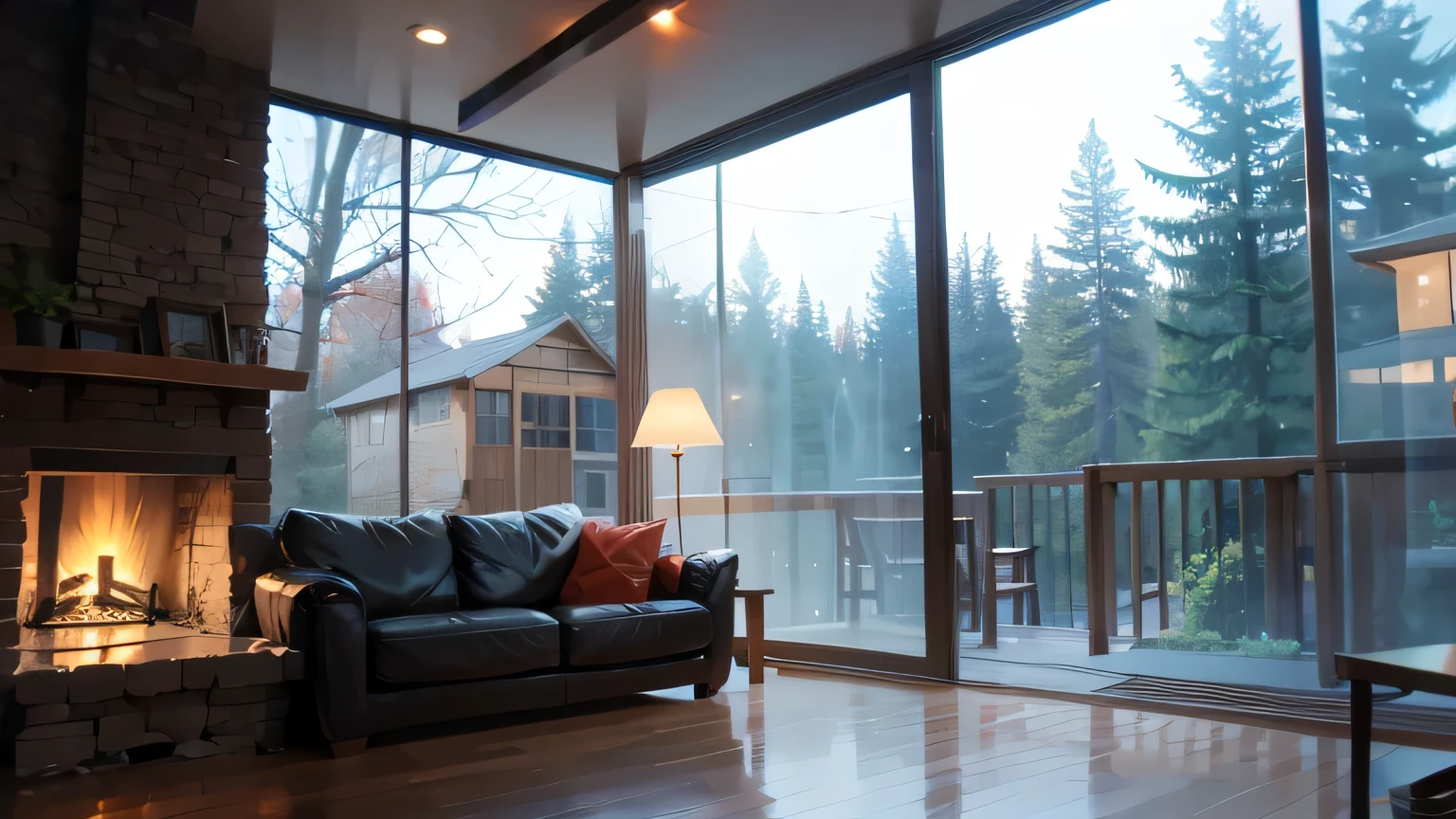 Floor-to-ceiling windows，fireplace