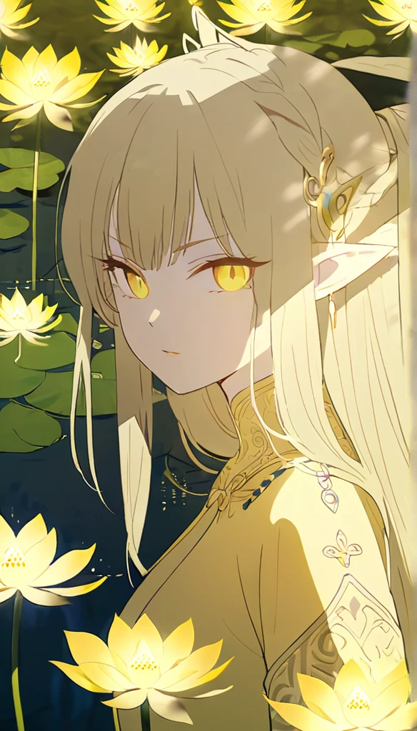 1woman, elven ears, light god, light blonde hair, longest hairstyle, glowing yellow eyes, lotus fields, thai style, elegant, traditional thai white dress,