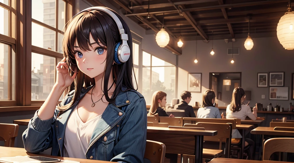 Girl with headphones enjoying music in a cafe　I am studying　Emphasize a little bit of the chest
