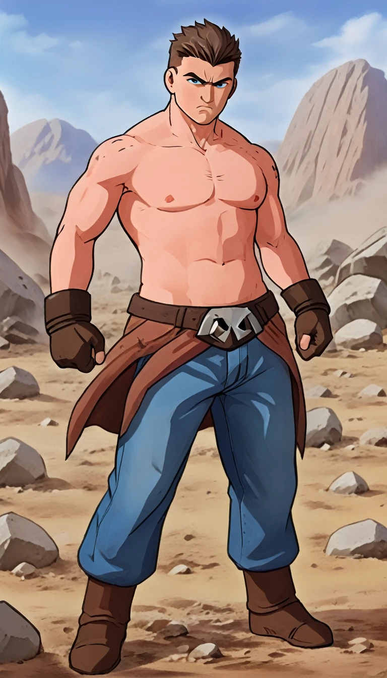 solo, mature male, (angry:1.2),fighting,in wasteland,destroyed rock,(soft shading), 4k, hi res, ((detailed face, (detailed eyes:1.0), detailed)), (full body), looking at viewer, 1boy, upper body, male focus, shirtless,torn clothes,bare pectorals, fighting stance,