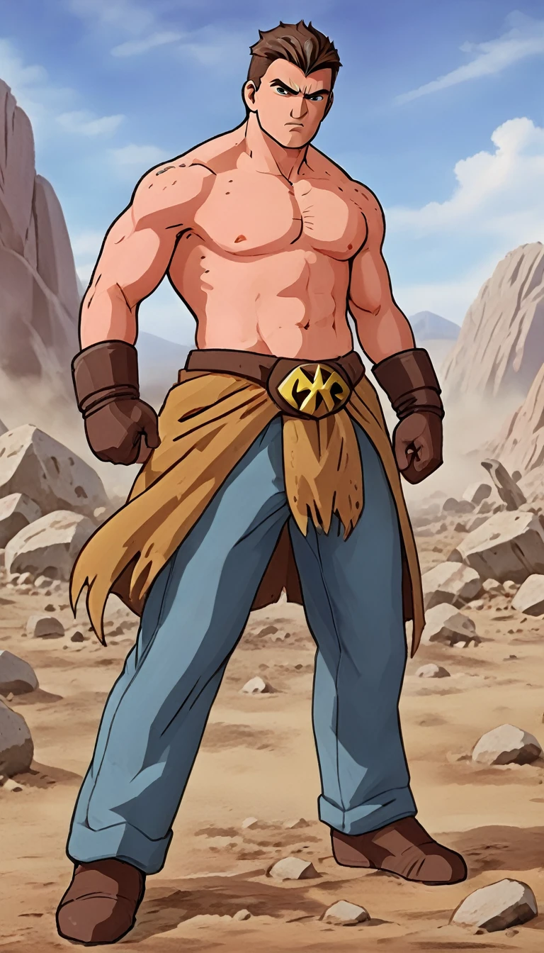 solo, mature male, (angry:1.2),fighting,in wasteland,destroyed rock,(soft shading), 4k, hi res, ((detailed face, (detailed eyes:1.0), detailed)), (full body), looking at viewer, 1boy, upper body, male focus, shirtless,torn clothes,bare pectorals, fighting stance,