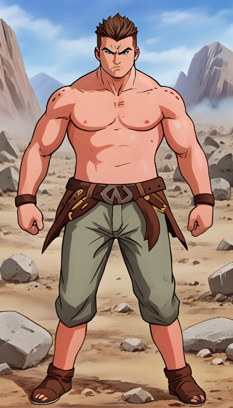 solo, mature male, (angry:1.2),fighting,in wasteland,destroyed rock,(soft shading), 4k, hi res, ((detailed face, (detailed eyes:1.0), detailed)), (full body), looking at viewer, 1boy, upper body, male focus, shirtless,torn clothes,bare pectorals, fighting stance,
