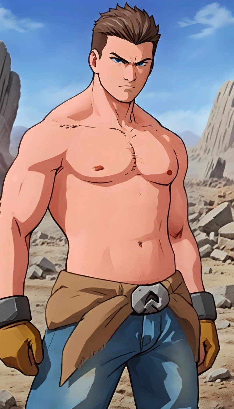 solo, mature male, (angry:1.2),fighting,in wasteland,destroyed rock,(soft shading), 4k, hi res, ((detailed face, (detailed eyes:1.0), detailed)), (full body), looking at viewer, 1boy, upper body, male focus, shirtless,torn clothes,bare pectorals, fighting stance,