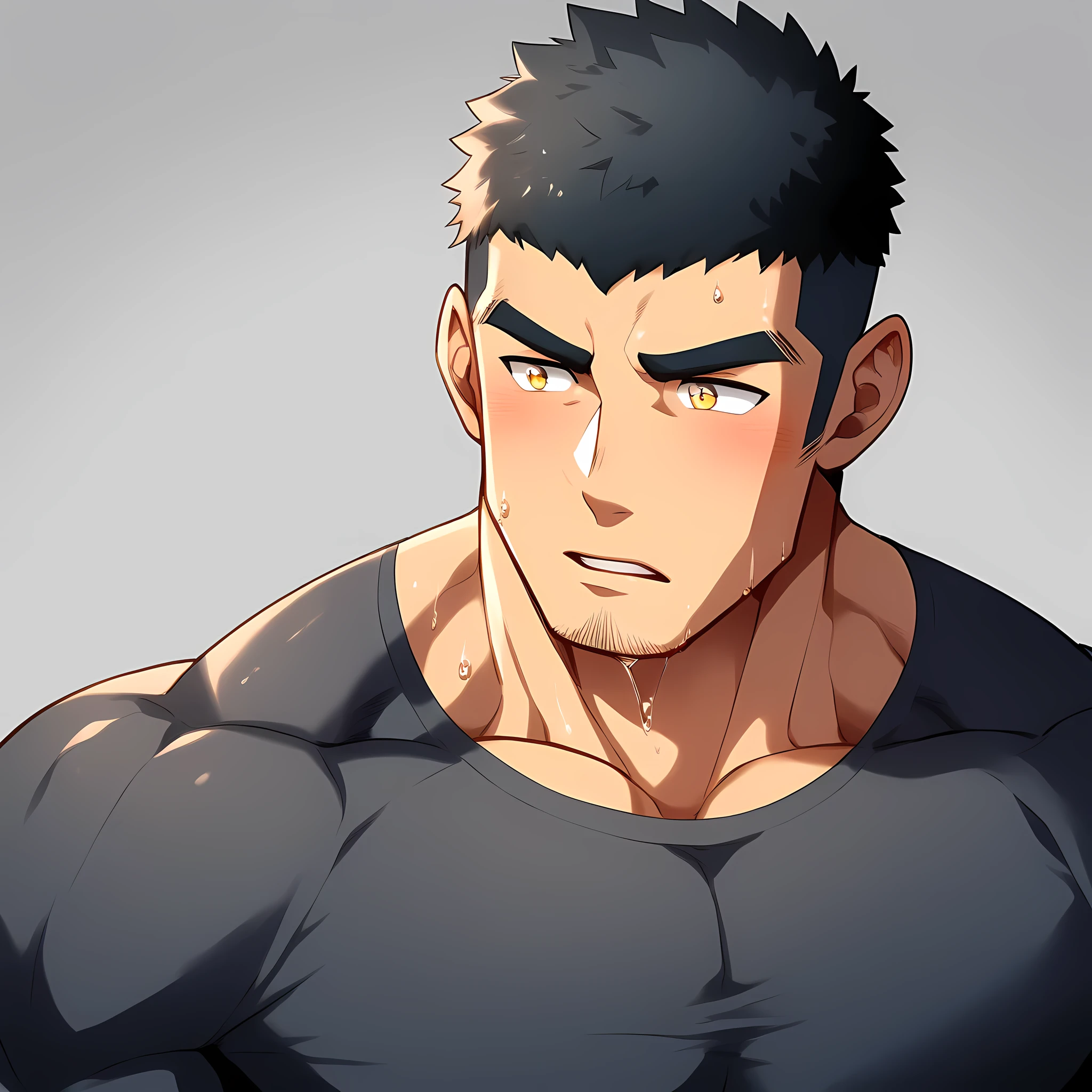 anime characters:Gyee, Muscle Sports Student, 1 muscular tough guy, Manliness, male focus, Light yellow high collar long sleeve tight T-shirt, Very tight, The clothes were soaked with sweat, The pectoral muscles are oversized, Slightly transparent, muscular male, muscular, only, Upper body, alone, Black short hair, Thick eyebrows, stubble, Yellow eyes, Grey background, simple background, amazing quality, best aesthetics, Ridiculous, bright pupils, crew cut, parted lips, shy, blush, moaning, saliva trail, drop shadow, best quality