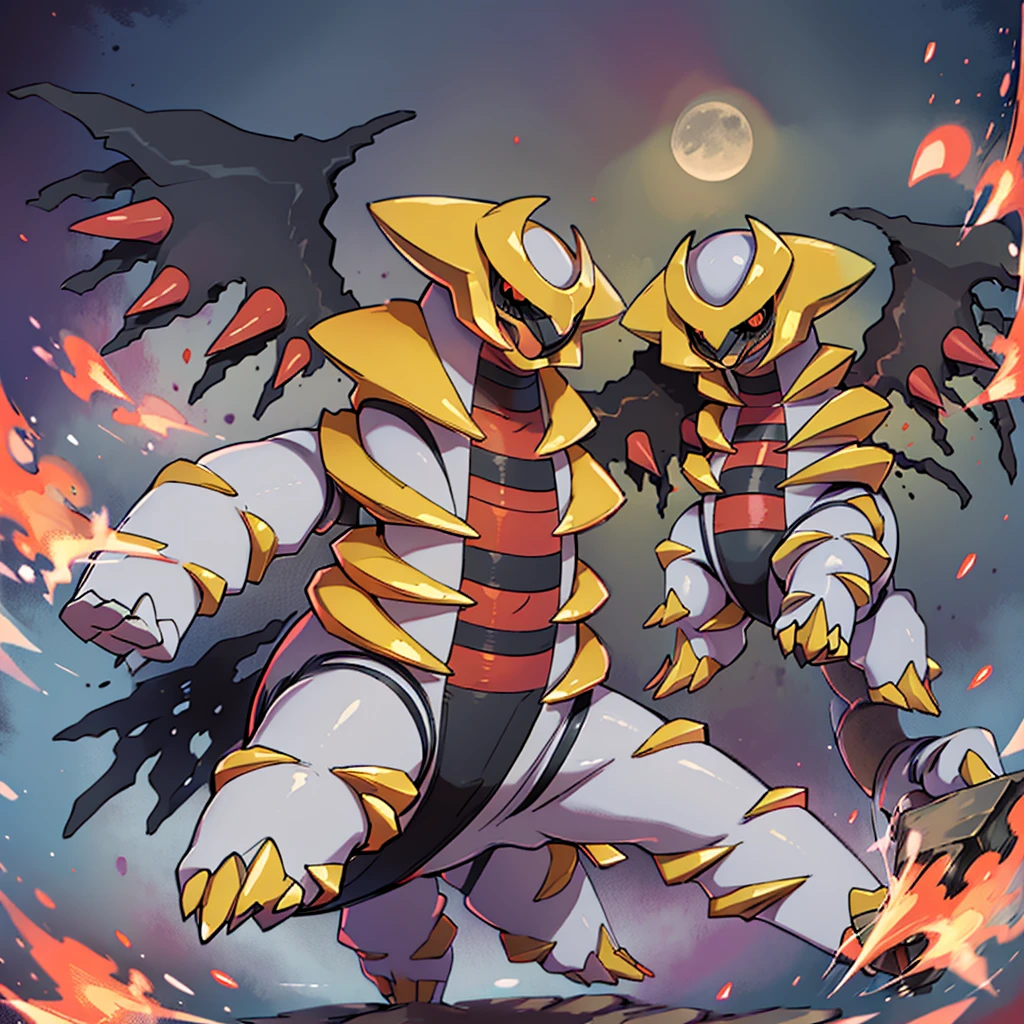 ((masterpiece,best quality)), absurdres, giratina, no humans, 独奏, red crescent moon, red theme, red glow, animal focus, black sclera, black wings, claws, colored sclera, colored skin, creatures (company), game freak, gen 4 pokemon, giratina, giratina (altered), grey skin, legendary pokemon, nintendo, no humans, open mouth, pokemon, pokemon (creature), rearing, red eyes, spikes, tail, vergolophus, Waiting for wings to start 