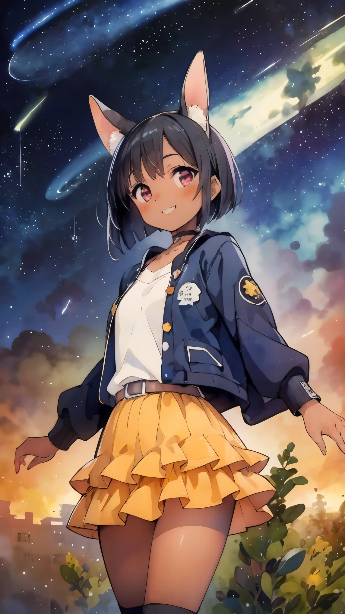 (8k, RAW photo, best quality, masterpiece, highres, absurdres, ultra detailed:1.3), (Photography, realistic, photo-realistic:1.4), (beautiful natural lighting, beautiful deatailed shadow, beautiful detailed glow :1.4), atmospheric,
BREAK 1 beautiful horny girl,alone,(cute:1.5),(Chibi:0.8),(kawaii1.5),(:1.5),(horny girl, cute, full of energy, change face,slightly swollen chest),(black hair, messy short bob, story me, pink eyes:1.55 ),(full of energy, goofy smile, bad face:1.2),(white bunny ears headband:1.2),(smile,shine tooth:1.45), (dark skin, tanned skin,:1.45),
BREAK //Character 1girl, BREAK //Fashions BREAK (black and yellow theme:1.4), ((japanese idol costume with bee motif, punk and fancy style):1.2), (roll-up sleeves Latex black closed jacket with yellow bellied lapel:1.4), (zip-up:1.5), (costume divided into tops and bottoms:1.3), (collarbone:1.3), (crazy amount of buttons and needles:1.2), (yellow (eyelet belt, grommet belt):1.3), (yellow (See-through tulle skirt, tulle Layered mini skirt) with ruffles:1.3), (fancy over-knee-socks with black and yellow striped pattern:1.4), (black high platform boots with lace-up:1.2), (choker with silver needles:1.3), (bangle with silver needles:1.3), (Cute logo with a bee motif on jacket:1.2),
BREAK ((The night sky is filled with the dazzling Milky Way and many stars:2.0)),
BREAK wakame,wakame,wakame,(cowboy shot, from front:1.4),
BREAK manga illustration,manga style,