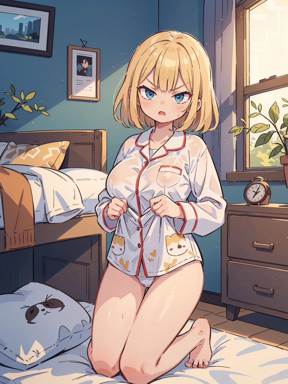 ((Masterpiece, best quality, high quality, very detailed CG uniform 8k wallpaper, very detailed, very detailed background)), detailed eyes, shiny hair, shiny skin, bright skin, (SFW), (1girl, 18 years old, blonde hair, blue eyes, big breast, sexy body, wearing pajamas), (expression of anger, hatred, cynical, cold gaze), (indoor, bedroom, sunlight through the window.)