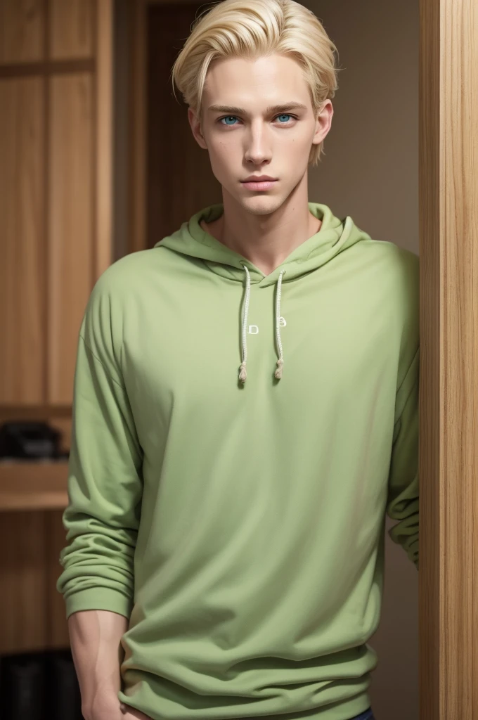 Tall boy, blonde hair, green eyes and defined face