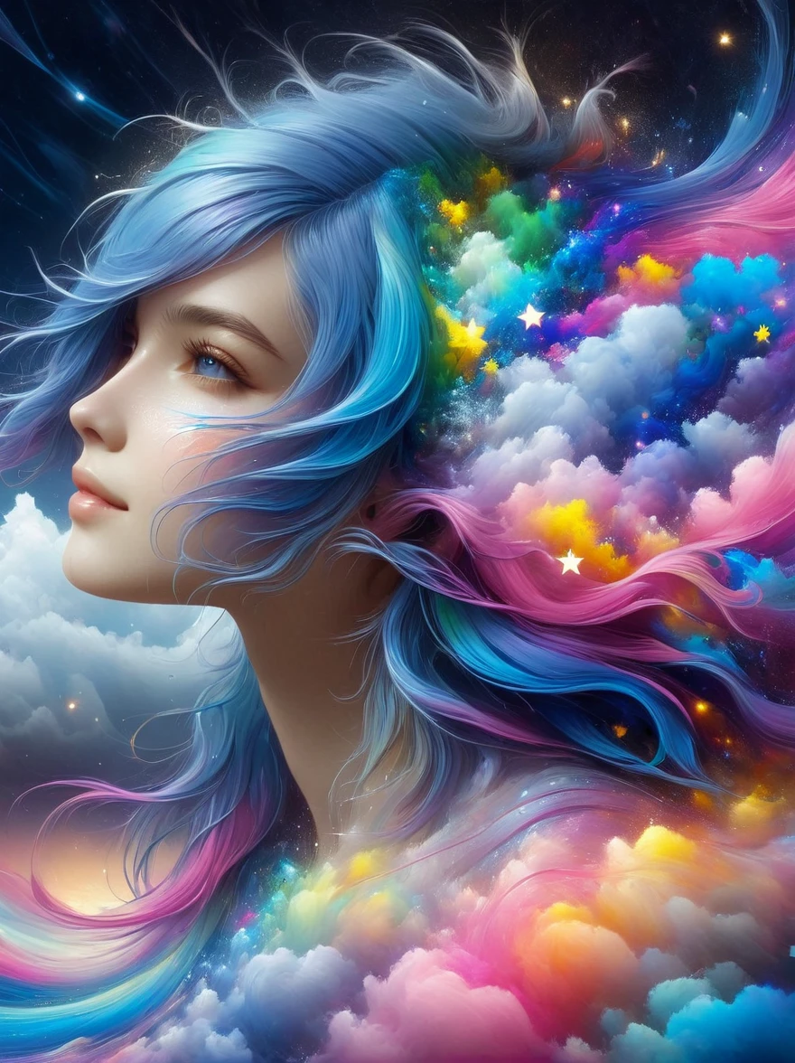 1xknh1, Top quality, Official Art, (Aesthetics and aesthetics:1.2), 1girl, solo, (Fractal Art:1.3), Upper body, Elegant dress, View from the side, Looking at the audience, (Rainbow Hair, Color of hair, Half blue and half pink hair:1.2), water, liquid, Cloud, Colorful, Starlight, Like stars, masterpiece, Best quality, anatomically correct, textured skin, super detail, 8k, highres