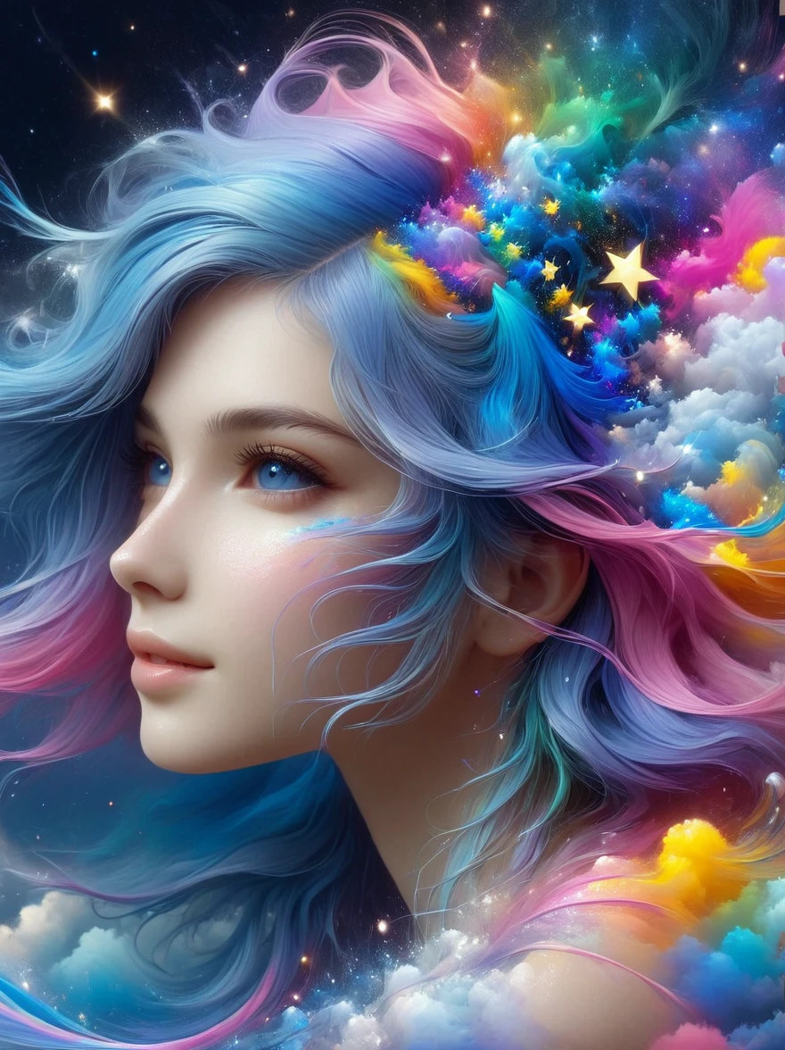 1xknh1, Top quality, Official Art, (Aesthetics and aesthetics:1.2), 1girl, solo, (Fractal Art:1.3), Upper body, Elegant dress, View from the side, Looking at the audience, (Rainbow Hair, Color of hair, Half blue and half pink hair:1.2), water, liquid, Cloud, Colorful, Starlight, Like stars, masterpiece, Best quality, anatomically correct, textured skin, super detail, 8k, highres