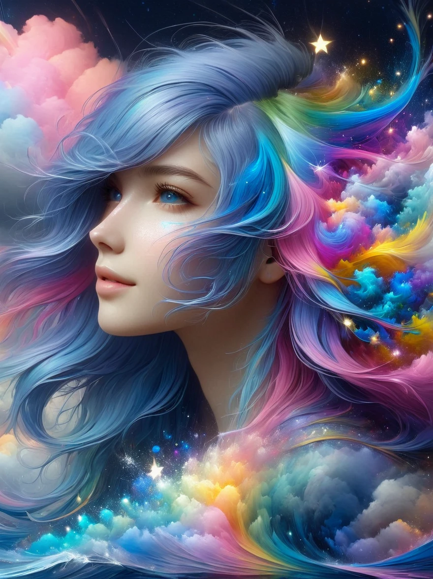 1xknh1, Top quality, Official Art, (Aesthetics and aesthetics:1.2), 1girl, solo, (Fractal Art:1.3), Upper body, Elegant dress, View from the side, Looking at the audience, (Rainbow Hair, Color of hair, Half blue and half pink hair:1.2), water, liquid, Cloud, Colorful, Starlight, Like stars, masterpiece, Best quality, anatomically correct, textured skin, super detail, 8k, highres