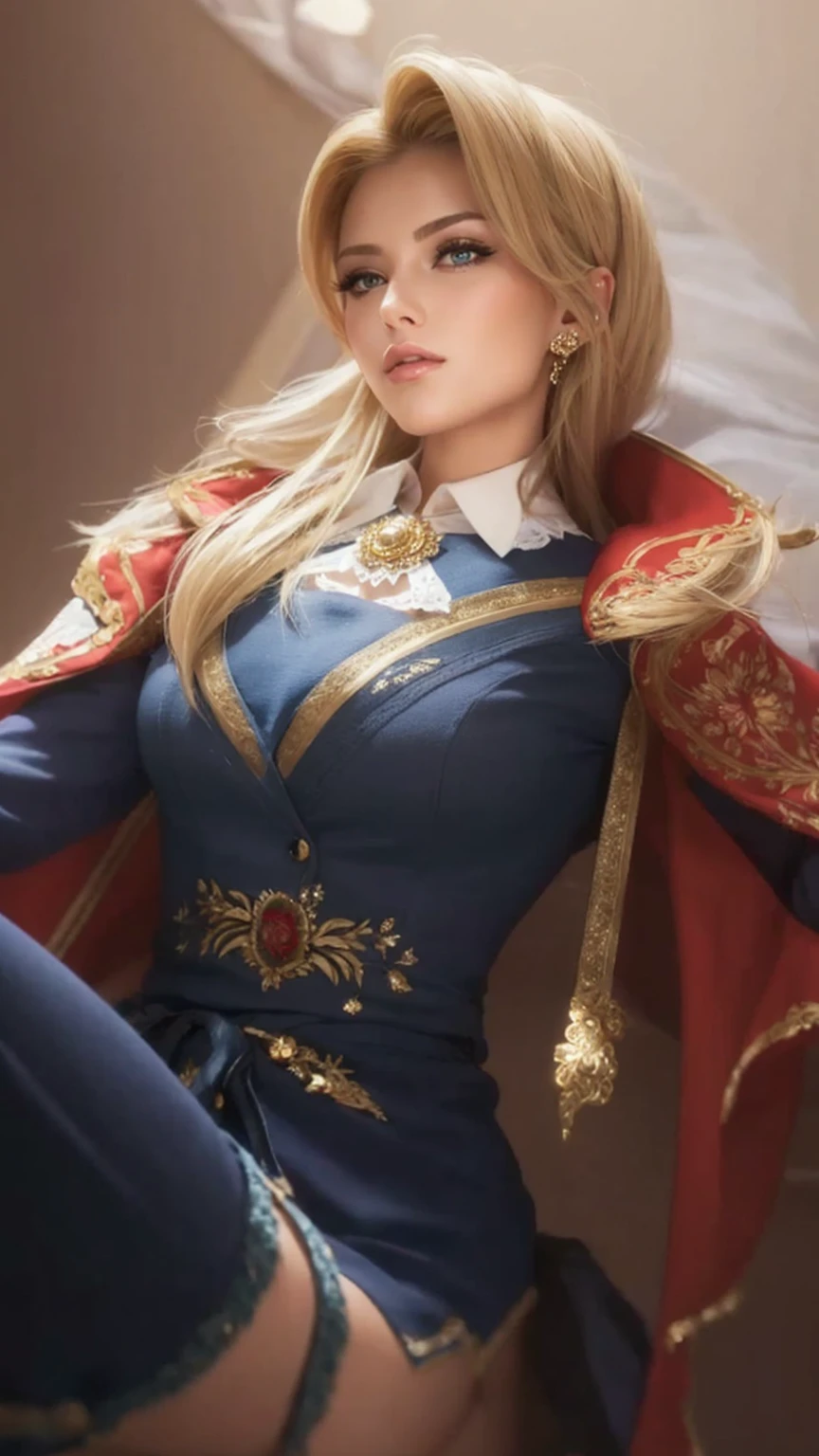 Create a woman with blonde hair, and dressed elegantly