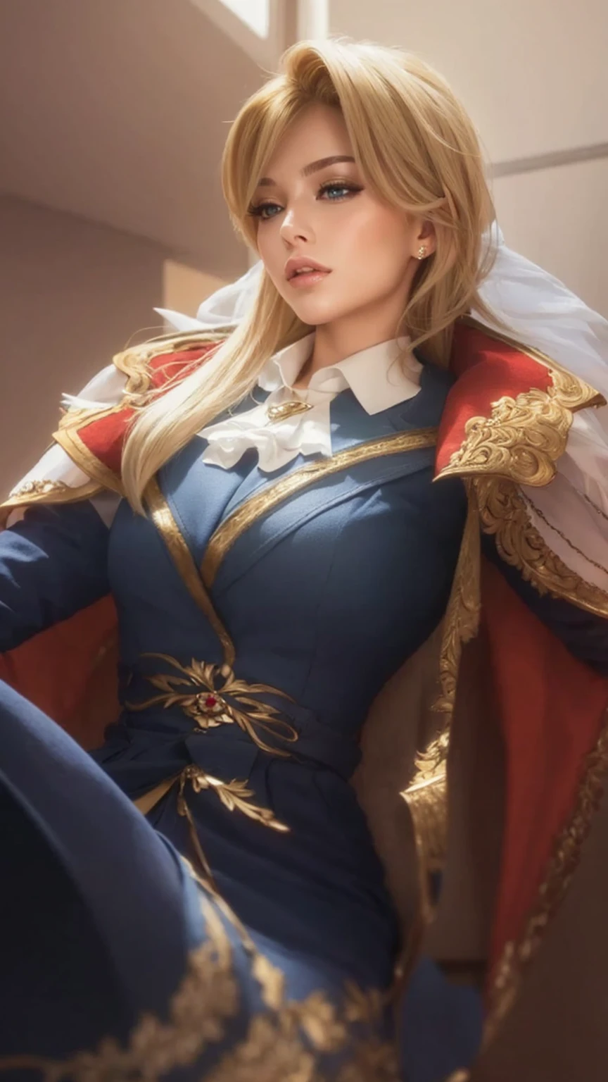 Create a woman with blonde hair, and dressed elegantly