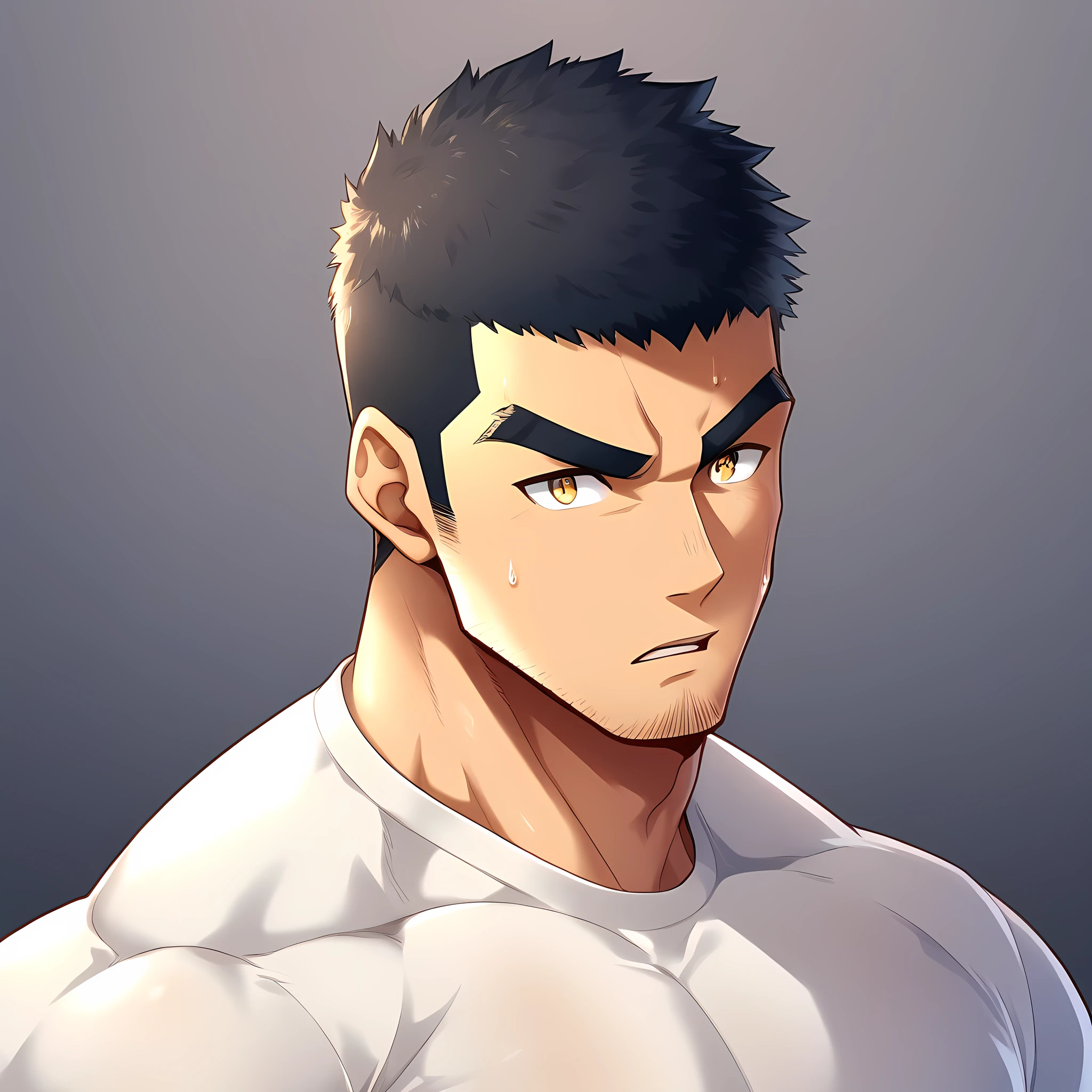 anime characters：Gyee, Muscle Sports Student, 1 muscular tough guy, Manliness, male focus, Close-up of the side, Light yellow high collar long sleeve tight T-shirt, Very tight, The clothes were soaked with sweat, The pectoral muscles are oversized, Slightly transparent, muscular male, muscular, only, Upper body, alone, Black short hair, Thick eyebrows, stubble, Yellow eyes, Grey background, simple background, amazing quality, best aesthetics, Ridiculous, bright pupils, crew cut, parted lips, v-shaped eyebrows, jitome, disdain, drop shadow, best quality