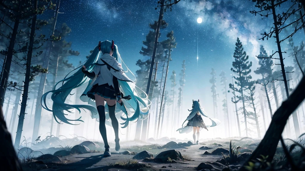 Set against the backdrop of an adventurous fantasy world、This is an image of Hatsune Miku walking through a dark forest.。She wears a mysterious cloak。The surroundings are shrouded in fog、In the distance you can see the silhouette of an ancient castle。The sky is a starry night、The moon casts a magical light over the forest.。