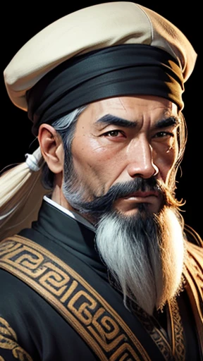 alone、Oriental、Ancient Chinese man in black costume、Holding a pen、Highest quality、masterpiece、Ultra-high resolution、(Realistic:1.4)、Game Poster、Crisp and beautiful image quality、(Bearded handsome man),Ancient Chinese hairstyle with a large plain white beret loosely covering the head like a turban、