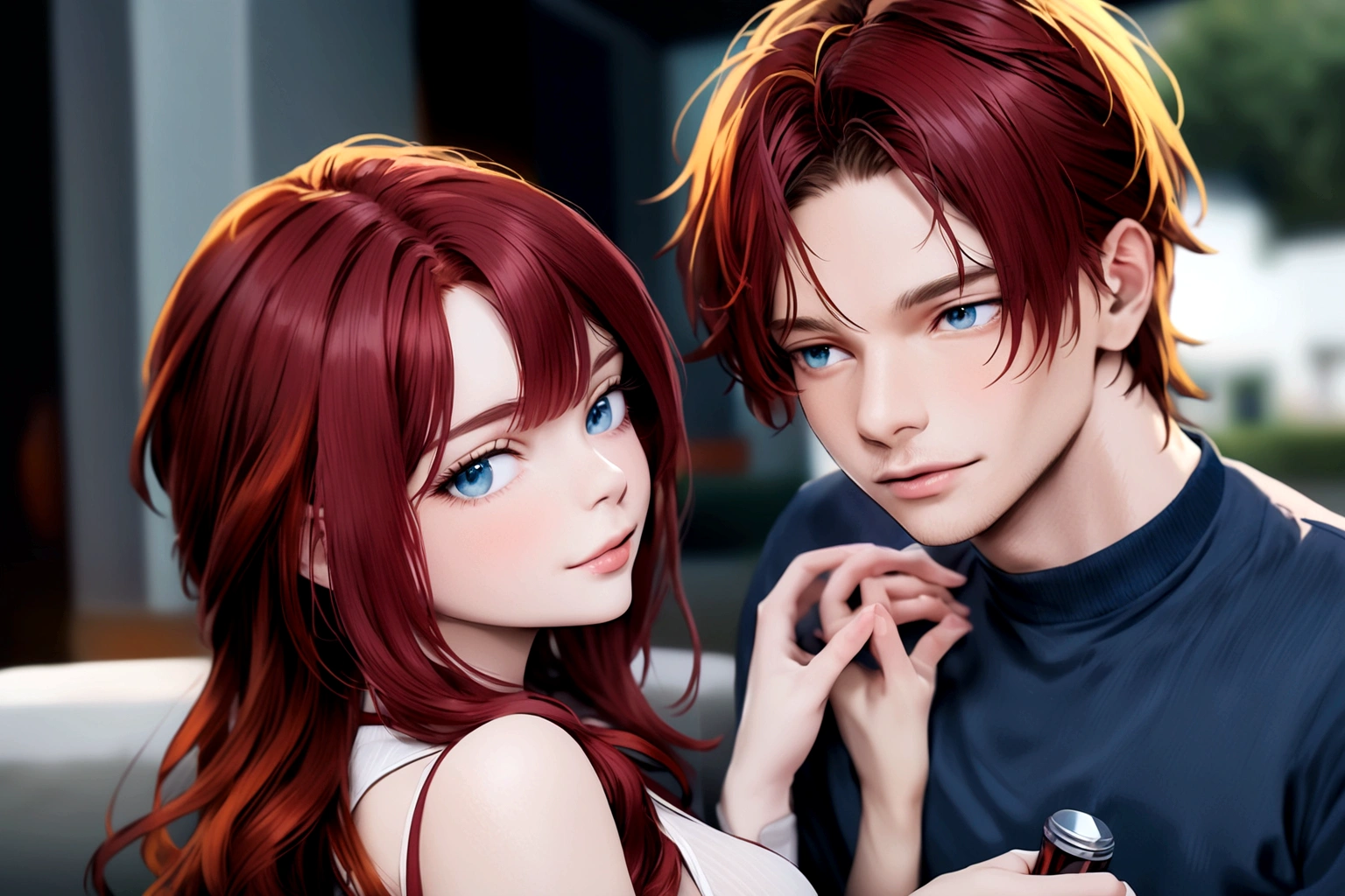 couple together, woman with red hair, man with black hair and blue eyes