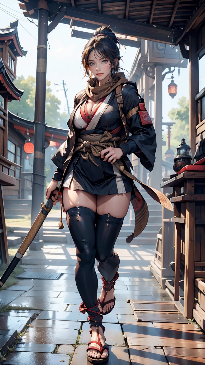 24 year old Caucasian female、Sexy proportions、Sexy、Breasts protruding forward(Rocket Boobs)、Female Ninja(scarf、Jacket、Hakama、Hand guard、stumbling、tabi、Straw sandals)