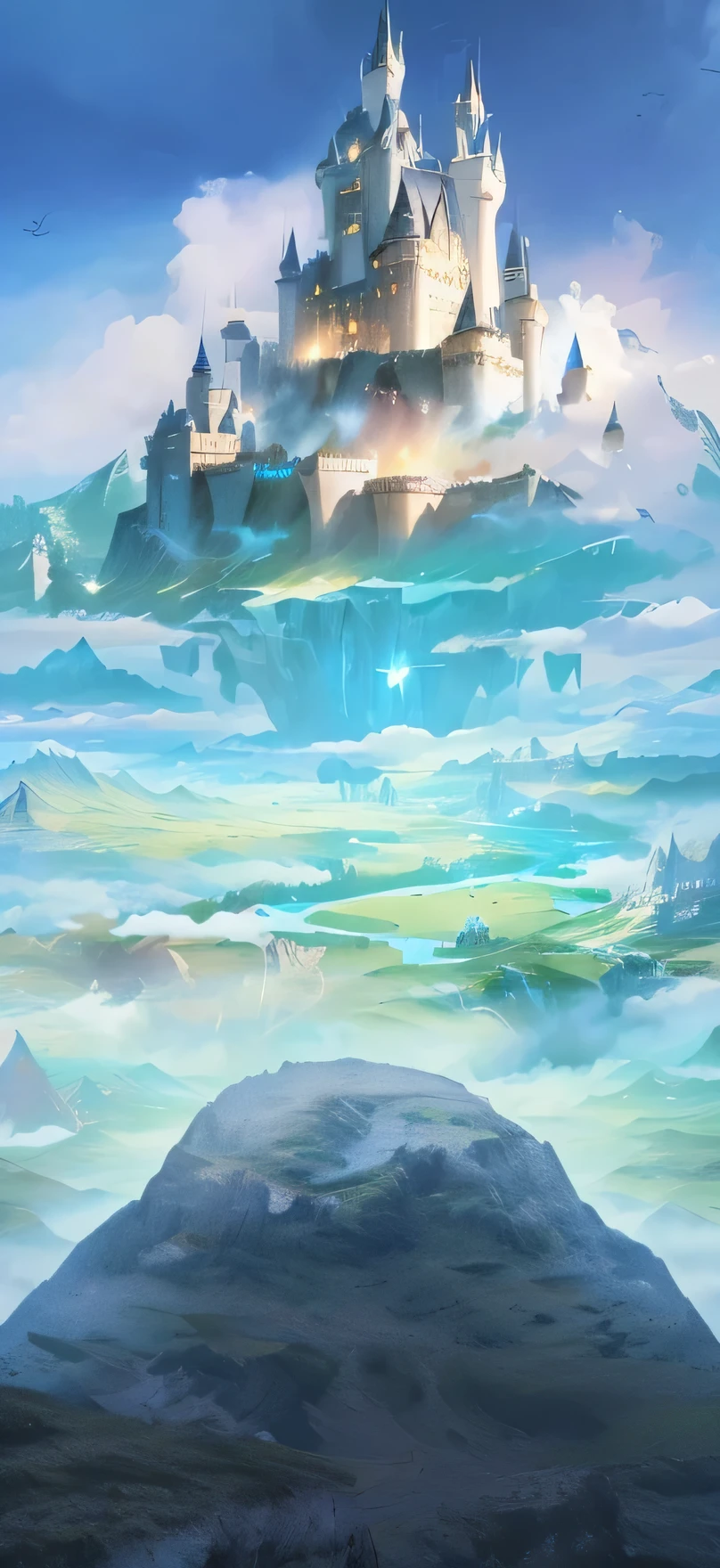 there is a castle in the sky with a mountain in the background, an immense floating castle, floating lands in-clouds, epic dreamlike fantasy landscape, key art, fantasy painterly style, high fantasy landscape, concept art. epic landscape, fantasy world concept, concept art wallpaper 4k, flying cloud castle, magical battlefield backround