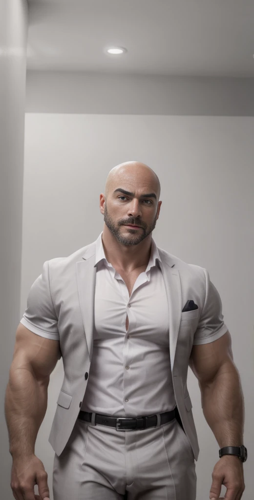 1boy, European, solo, facial hair,34 yrs old, dom, male focus, bald head, bara, muscular, mature male, muscular male, beard, short hair, thick eyebrows, fair-skinned male, thighs, fancy suit, dark skin, tie, tight white shirt, open jacket, grey business suit, cop agent uniform, feet out of frame, thick thighs, looking at viewer, masterpiece, 4k, high quality, highres, absurdres,