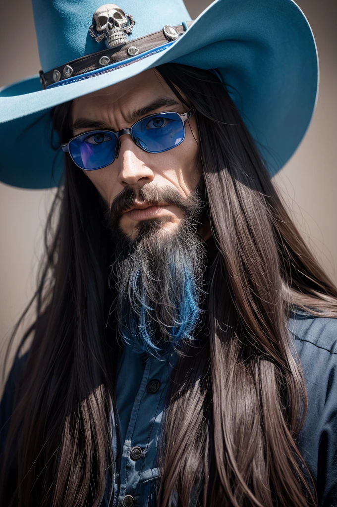 skull with long hair wearing circular blue glasses and a Confederate hat