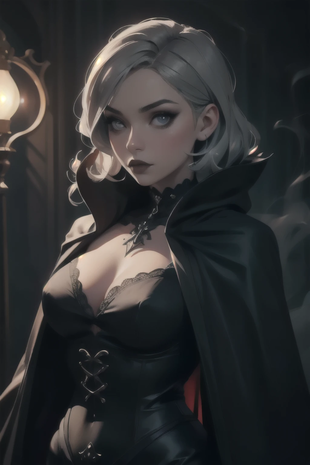 masterpiece, perfect lighting, bloom, cinematic lighting, perfect skin, 1girl, looking at viewer, medium shot, ((gothic)), curvy figure, mesmerizing, dramatic smokey eye makeup, velvet cloak, silver ornaments, mysterious world atmosphere