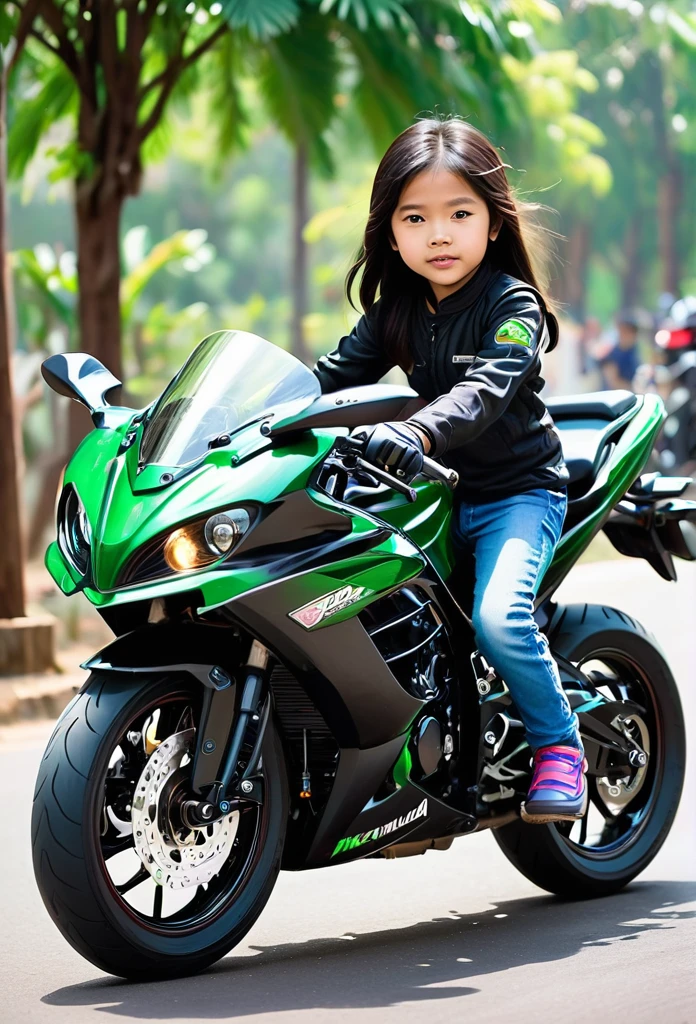 10 year old super cool vietnamese girl racer, driving extremely huge black cool kawasaki ninja super motorcycle machine, highly excited