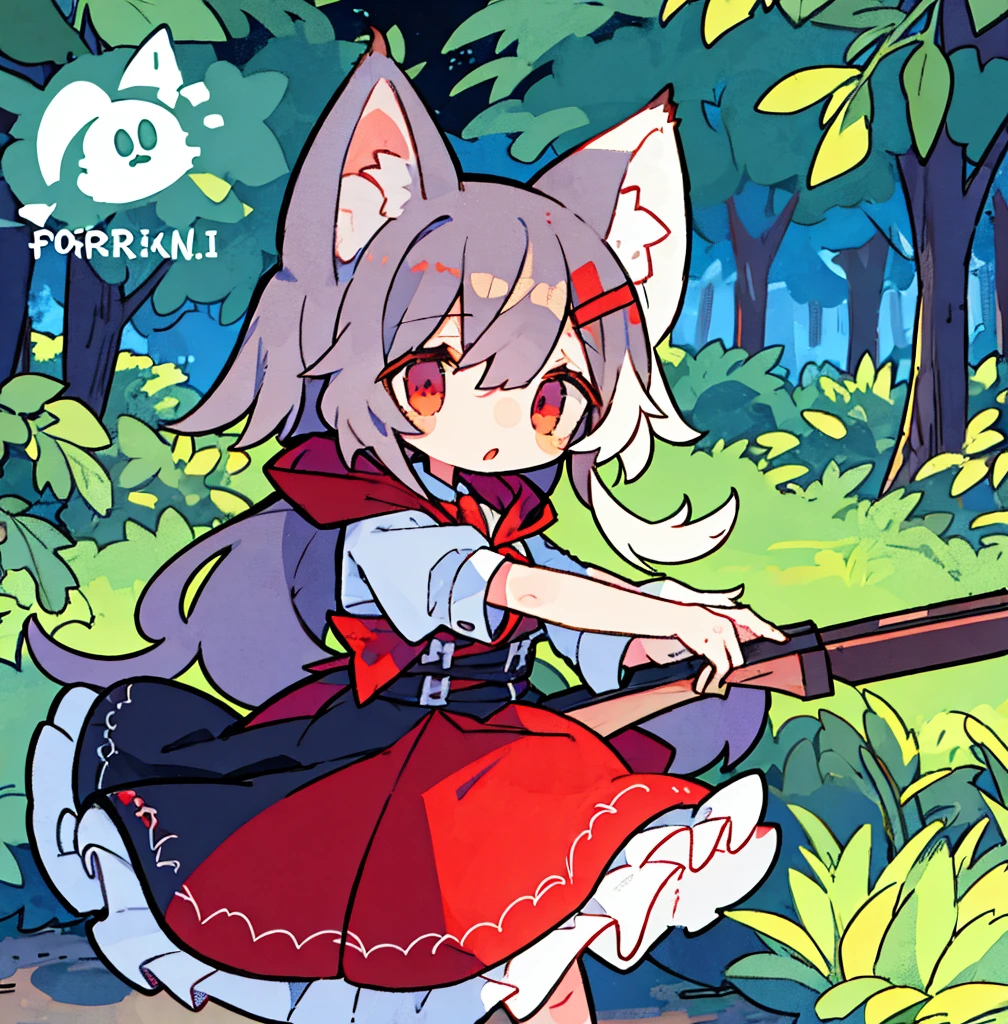 tegaki chibi girl Solo red hood girl wolf ears in the forest gothic lolita from side holding rifle