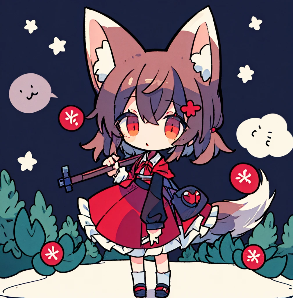 tegaki chibi girl Solo red hood girl wolf ears in the forest gothic lolita from side holding rifle