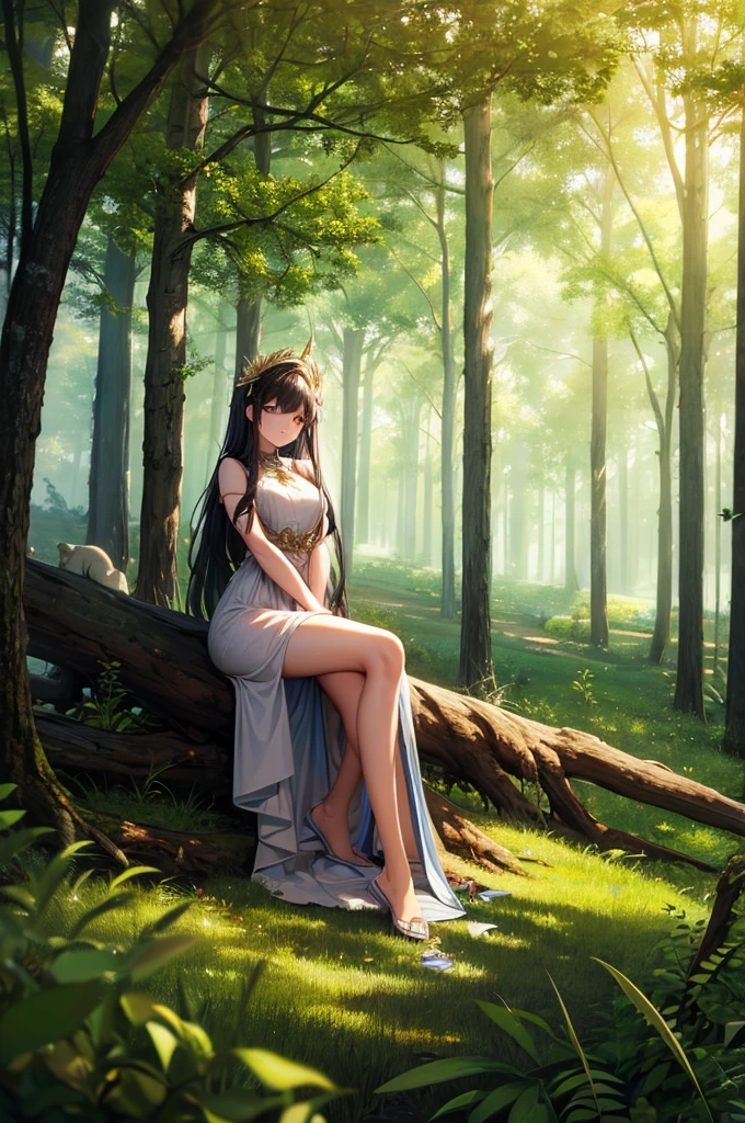 (masterpiece, Highest quality), One girl(Athena_Assamese), Cute Dresses, Long black hair, Sitting, Beautiful outdoor background, night, forest