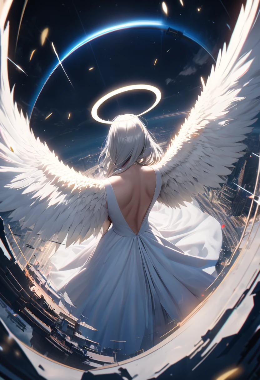A (back view:1.5) of a very beautiful female angel\(long platinum hair, wide-backed white dress,(big beautiful angel wing from her chest),very beautiful shiny halo\), she is spreading her arms wide and gently as if seeking salvation, she is above the clouds looking down on the world below, a fierce war\((so many sparks and fires), missles, battle plane, many buildings collapsing, nature being destroyed, a magnificent andspectacular scenery\) is taking place below the clouds, BREAK ,quality\(8k,wallpaper of extremely detailed CG unit, ​masterpiece,hight resolution,top-quality,top-quality real texture skin,hyper realisitic,increase the resolution,RAW photos,best qualtiy,highly detailed,the wallpaper,cinematic lighting,ray trace,golden ratio\),[nsfw],dynamic angle,[nsfw],from above