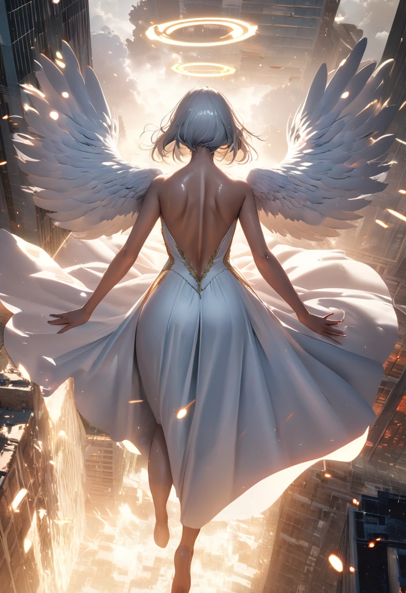 A (back view:1.5) of a very beautiful female angel\(long platinum hair, wide-backed white dress,(big beautiful angel wing from her chest),very beautiful shiny halo\), she is spreading her arms wide and gently as if seeking salvation, she is above the clouds looking down on the world below, a fierce war\((so many sparks and fires), missles, battle plane, many buildings collapsing, nature being destroyed, a magnificent andspectacular scenery\) is taking place below the clouds, BREAK ,quality\(8k,wallpaper of extremely detailed CG unit, ​masterpiece,hight resolution,top-quality,top-quality real texture skin,hyper realisitic,increase the resolution,RAW photos,best qualtiy,highly detailed,the wallpaper,cinematic lighting,ray trace,golden ratio\),[nsfw],dynamic angle,[nsfw],from above