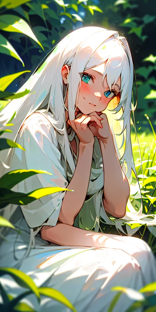 (masterpiece, best quality),1girl with long white hair sitting in a field of green plants and flowers, her hand under her chin, warm lighting, white dress, blurry foreground. Gostosa peituda