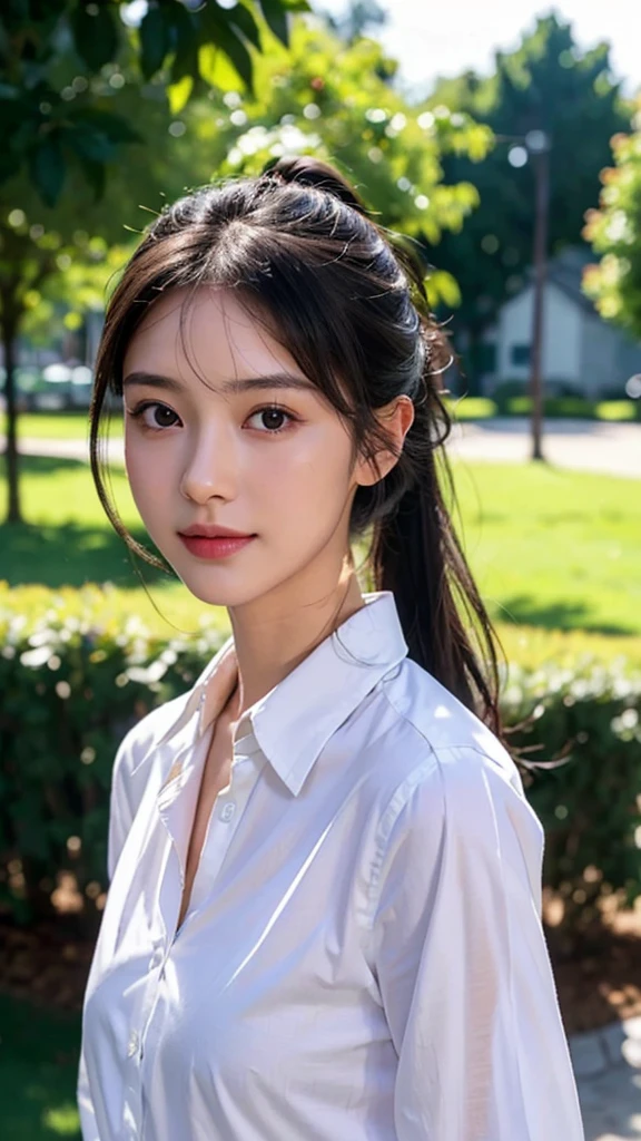 White collared shirt,jeans,outdoors,Urban Park,On the lawn,One woman,close up face,fully body photo,masutepiece, The highest image quality, High quality, the background is clear,Beautiful woman, Japanese, Detailed, Ultra-detailed, finely detail, hight resolution, 8K Wallpaper, Perfect dynamic composition, Beautiful detailed eyes ,Detailed eyes, Detailed skin, Beautiful skin, 超hight resolution, (reality: 1.4),Very beautiful woman, Slightly younger face, Beautiful skin, slender, (Ultra photo realsisim), (hight resolution), (8K), (Very detailed) (beautifully detailed eyes), (super detailed), (Detailed face), view the viewer, Fine details, Detailed face, Staring straight ahead, Staring straight ahead, photos realistic, Bright lighting, Professional Lighting, Black hair,poneyTail,a baby face,sixteen years old,Hairstyle: ponytail,Long ponytail hairstyle,slight smile,