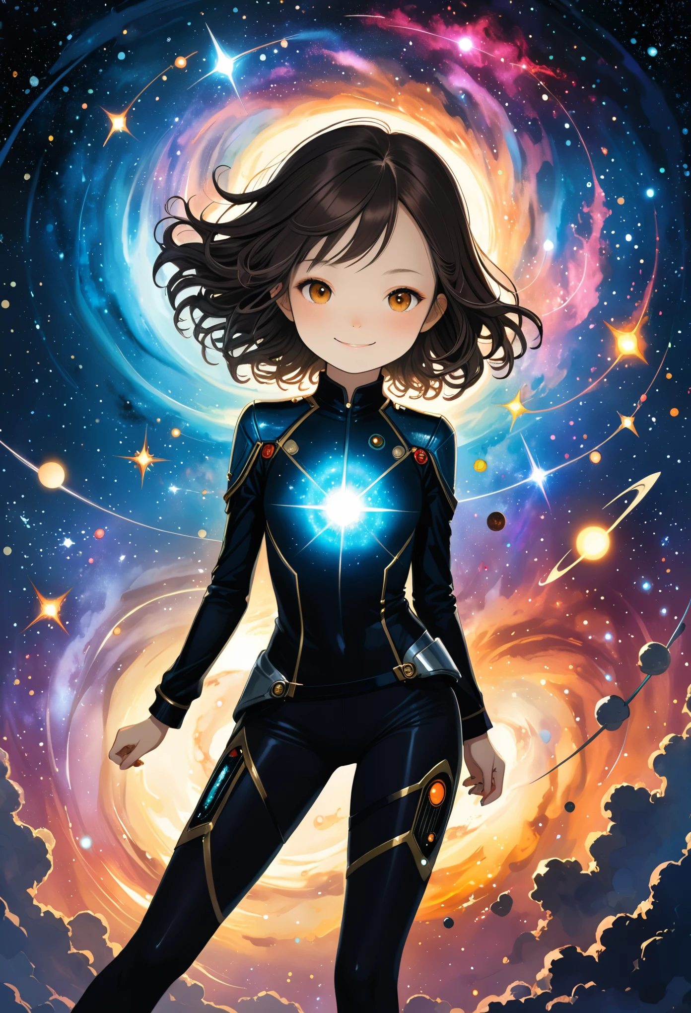 (in style of by Liu Ye:0.9),in style of Santiago Caruso,in style of Raymond Pettibon,female, character concept design, half body,Fantasy art, galaxies,lighting,galaxies art,smile,Dynamic Action,