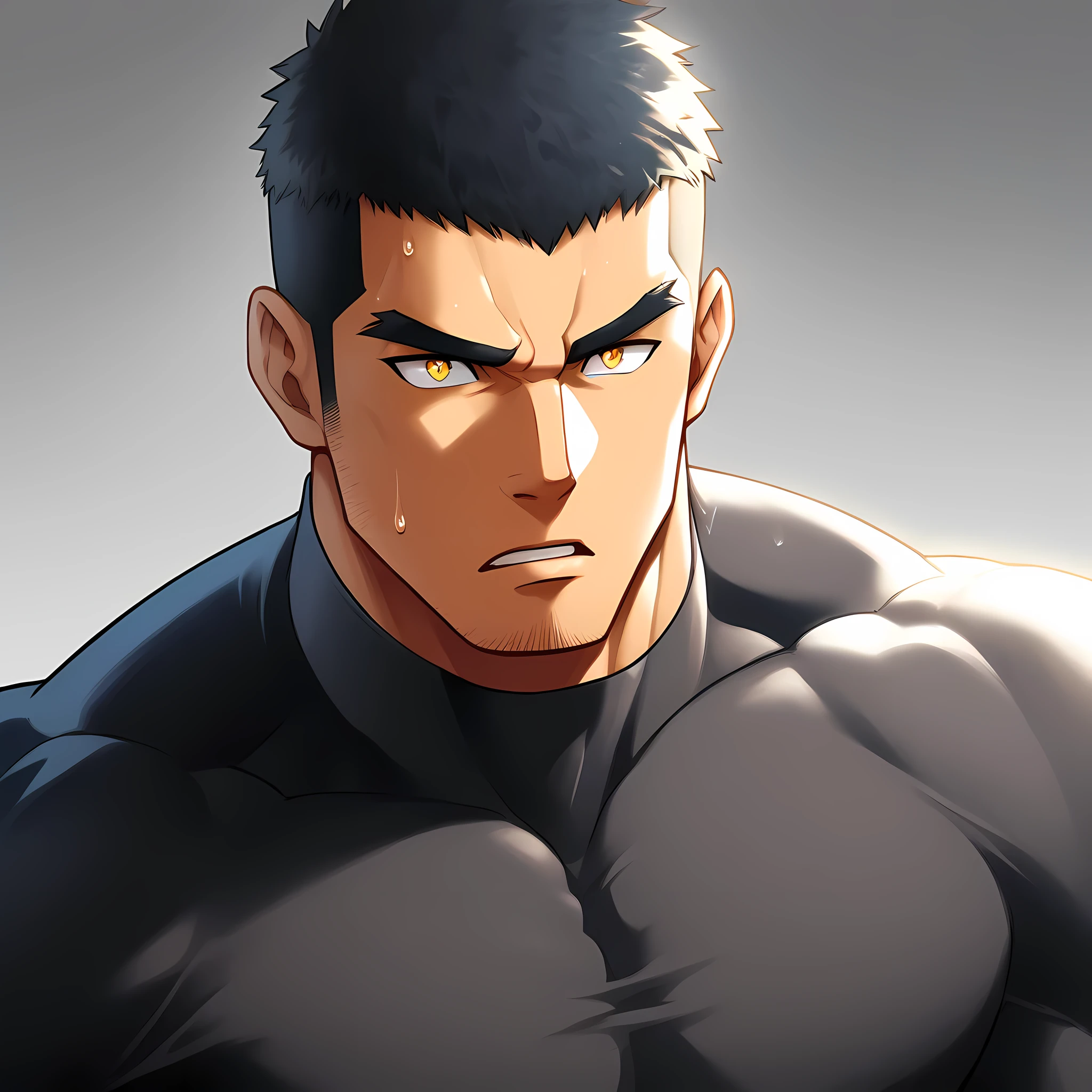 anime characters:Gyee, Muscle Sports Student, 1 muscular tough guy, Manliness, male focus, Close-up of the side, Light yellow high collar long sleeve tight T-shirt, Very tight, The clothes were soaked with sweat, The pectoral muscles are oversized, Slightly transparent, muscular male, muscular, only, Upper body, alone, Black short hair, Thick eyebrows, stubble, Yellow eyes, Grey background, simple background, amazing quality, best aesthetics, Ridiculous, bright pupils, crew cut, parted lips, v-shaped eyebrows, jitome, disdain, drop shadow, best quality