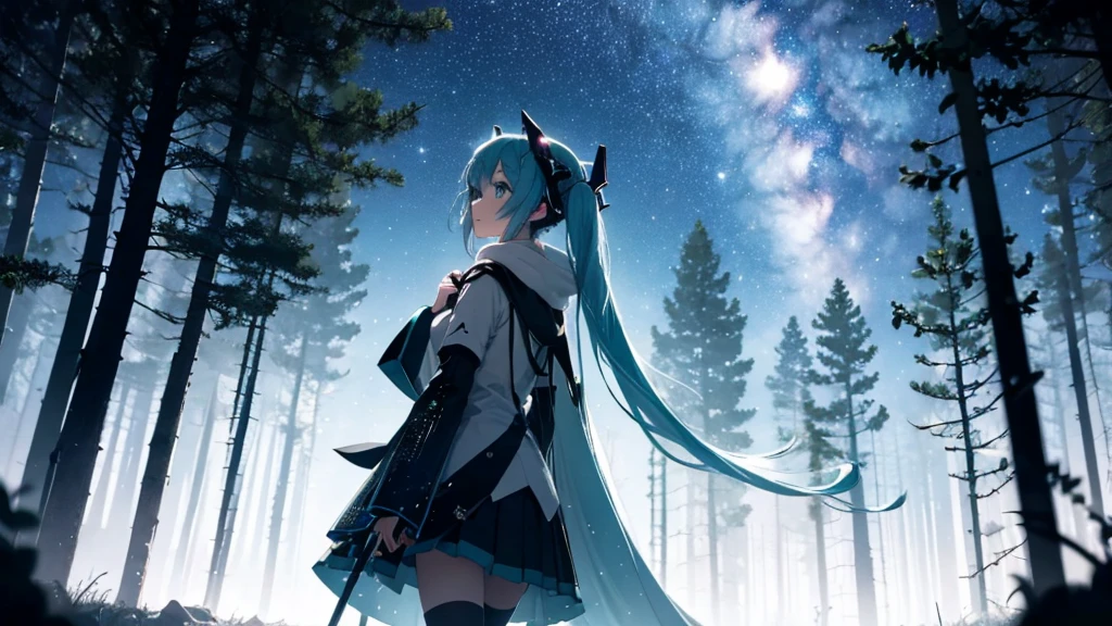 Set against the backdrop of an adventurous fantasy world、This is an image of Hatsune Miku walking through a dark forest.。She wears a mysterious cloak、In his hand he holds a glowing wand。The surroundings are shrouded in fog、In the distance you can see the silhouette of an ancient castle。The sky is a starry night、The moon casts a magical light over the forest.。