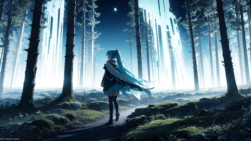 Set against the backdrop of an adventurous fantasy world、This is an image of Hatsune Miku walking through a dark forest.。She wears a mysterious cloak、In his hand he holds a glowing wand。The surroundings are shrouded in fog、In the distance you can see the silhouette of an ancient castle。The sky is a starry night、The moon casts a magical light over the forest.。